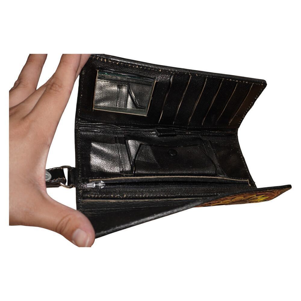 Hand Tooled Leather Sunflower Wallet Wristlet Black Brown Floral Western Boho - Picture 10 of 14